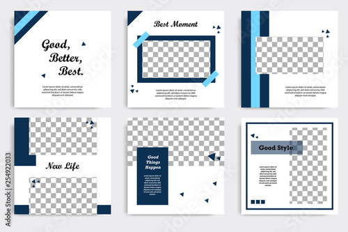 Editable square Memphis geometric banner template. Minimalist design background in dark blue indigo color. Vector illustration. Suitable for social media post and cover, web internet brochure.