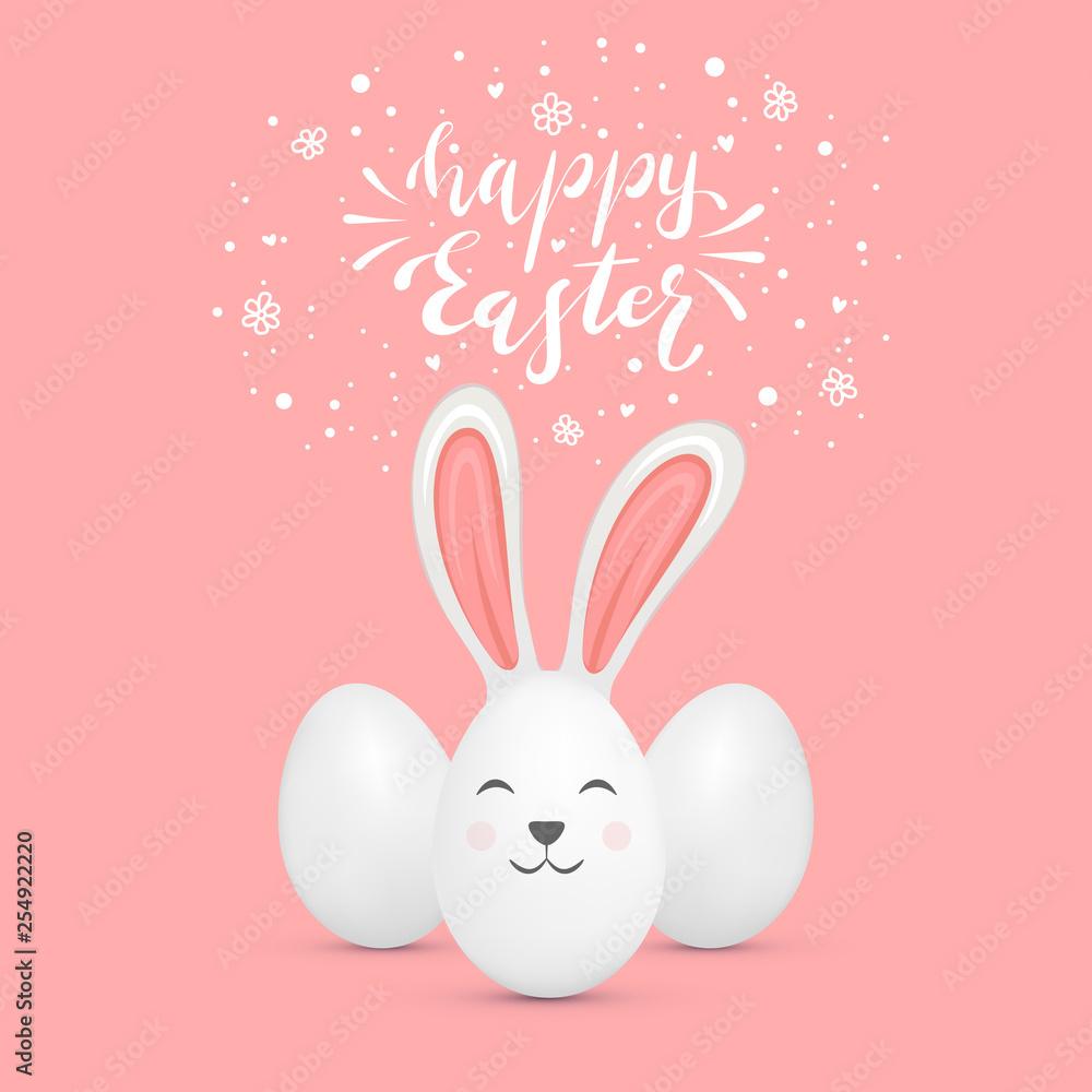 Cute Easter Rabbit and Eggs on Pink Background Cute Easter Rabbit and Eggs on Pink Background