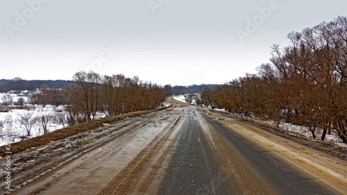 Slush on a country road in winter