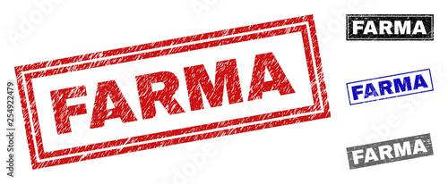 Grunge FARMA rectangle stamp seals isolated on a white background. Rectangular seals with grunge texture in red, blue, black and gray colors.