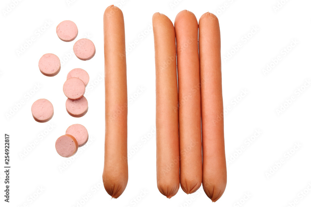 boiled sausages isolated on white background. top view boiled sausages isolated on white background. top view