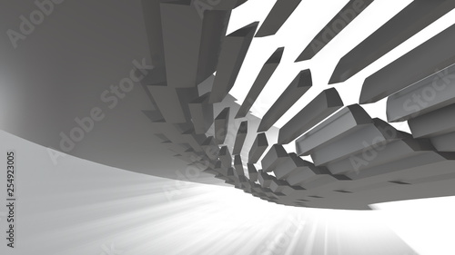 Abstract modern futuristic Architecture in shape of round tube tunnel With volume light. 3d Render Illustration background