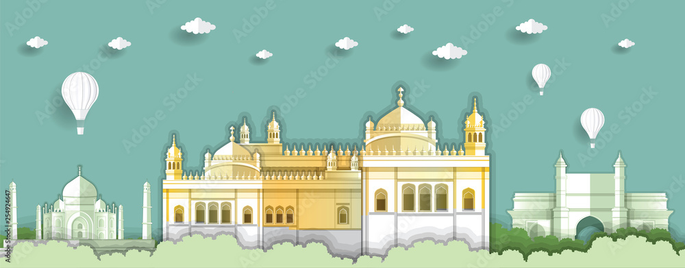 Panorama paper art style vector of Golden Temple and Famous Landmarks India for Travel banner or postcard illustration