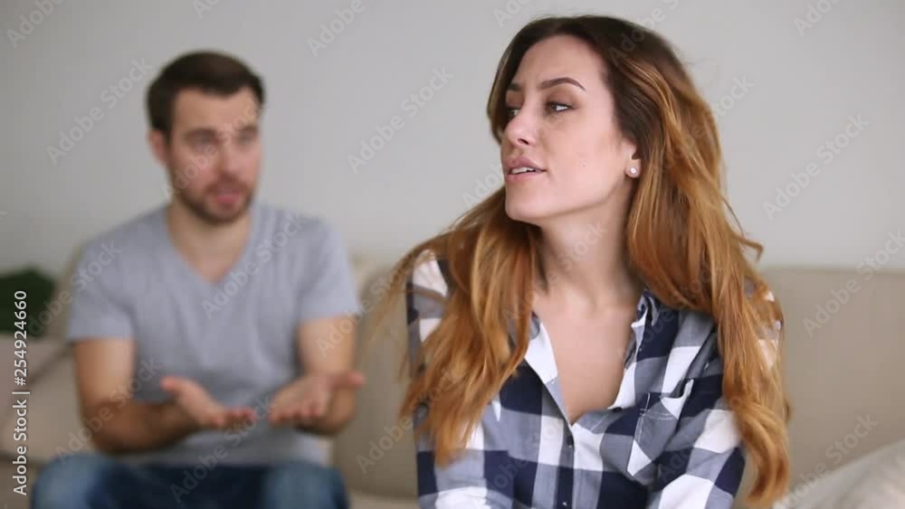 Stressed wife tired of controlling husband arguing blaming of problems