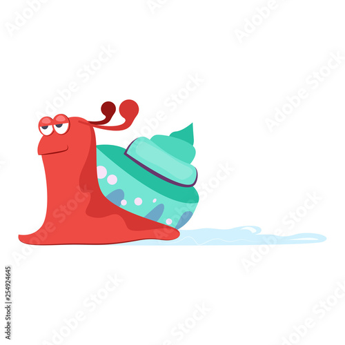 Funny smiling red slug with blue cochlea flat icon. Book character, pet, slime. Mollusk concept. Vector illustration can be used for topics like zoology, nature, fauna