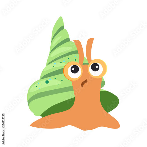 Surprised snail with green cochlea flat icon. Book character, sea life, garden animal. Mollusk concept. Vector illustration can be used for topics like zoology, nature, fauna