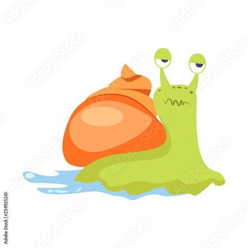 Ugly green snail with orange cochlea flat icon. Book character, slug, gastropod. Mollusk concept. Vector illustration can be used for topics like zoology, nature, sea life