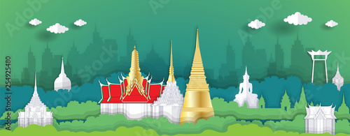 Panorama paper art style vector of Wat Phrakeaw, Famous Landmarks Bangkok Thailand for Travel Design concept illustration