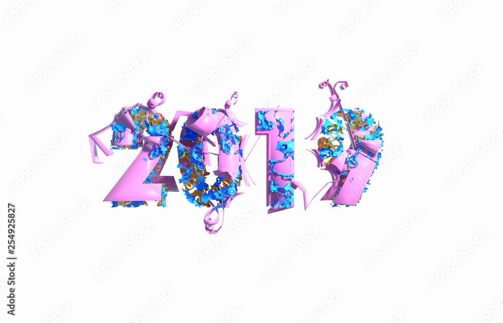 Happy New Year Banner with 2019 trendy pink color Numbers made by plastic and organic matterwhite Background. Abstract 3d illustration Happy New Year Banner with 2019 trendy pink color Numbers made by plastic and organic matterwhite Background. Abstract 3d illustration