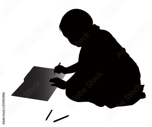 child writing on floor, silhouette vector