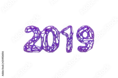 Happy New Year Banner with 2019 Numbers made by bright glossy wire plastic pink shell isolated on white Background. abstract 3d illustration