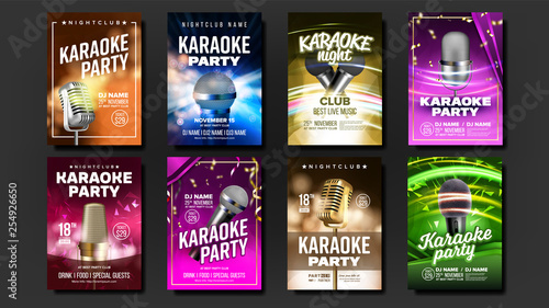 Karaoke Poster Set Vector. Colorful Instrument. Technology Symbol. Party Flyer. Music Night. Realistic Illustration