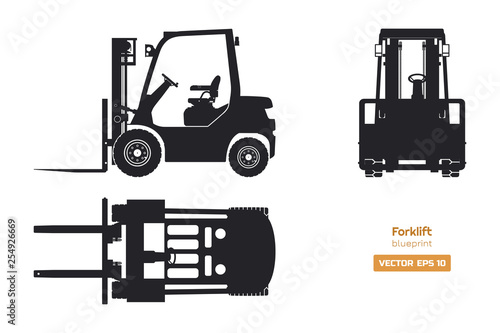 Black silhouette of forklift. Top, side and front view. Hydraulic machinery blueprint. Industrial isolated loader. Diesel vehicle drawing
