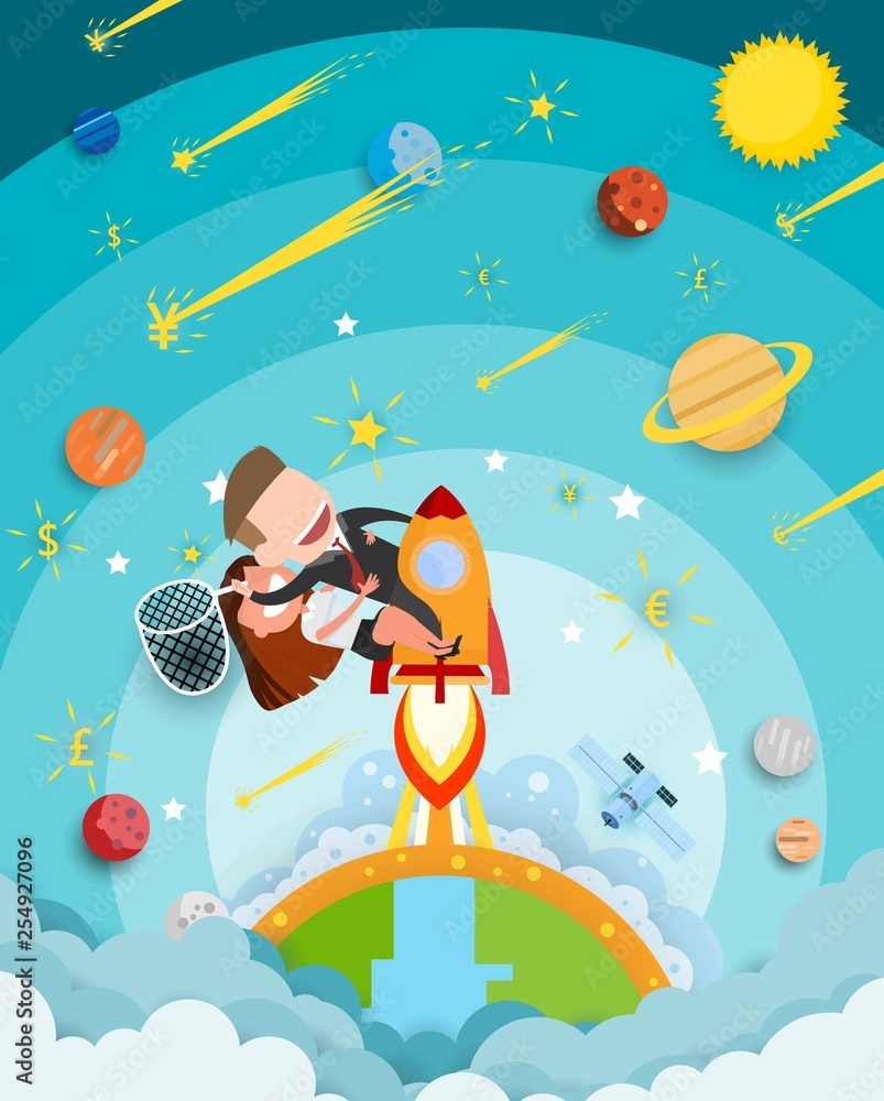 Businessman and women riding a rocket and smoke through cloud Business startup concept. vector illustration. flat design. Businessman and women riding a rocket and smoke through cloud Business startup concept. vector illustration. flat design.