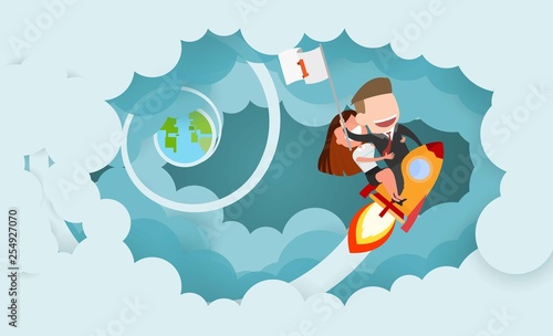Businessman and women riding a rocket and smoke through cloud Business startup concept. vector illustration. flat design.