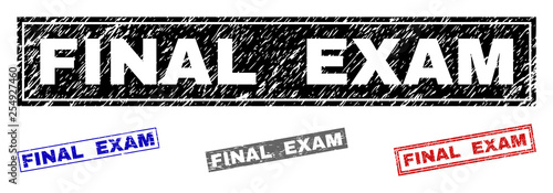 Grunge FINAL EXAM rectangle stamp seals isolated on a white background. Rectangular seals with grunge texture in red, blue, black and grey colors.