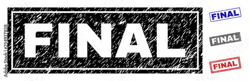 Grunge FINAL rectangle stamp seals isolated on a white background. Rectangular seals with grunge texture in red, blue, black and grey colors.