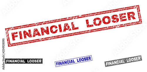 Grunge FINANCIAL LOOSER rectangle stamp seals isolated on a white background. Rectangular seals with grunge texture in red, blue, black and grey colors.