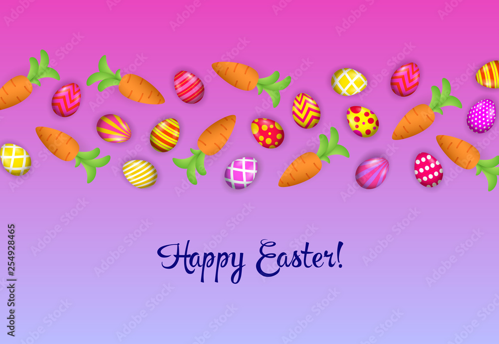 Happy Easter lettering with carrots and eggs pattern. Easter greeting card. Handwritten text, calligraphy. For leaflets, brochures, invitations, posters or banners. Happy Easter lettering with carrots and eggs pattern. Easter greeting card. Handwritten text, calligraphy. For leaflets, brochures, invitations, posters or banners.