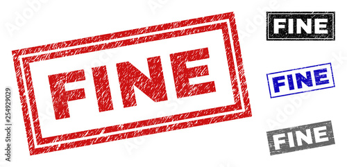 Grunge FINE rectangle stamp seals isolated on a white background. Rectangular seals with grunge texture in red, blue, black and gray colors.