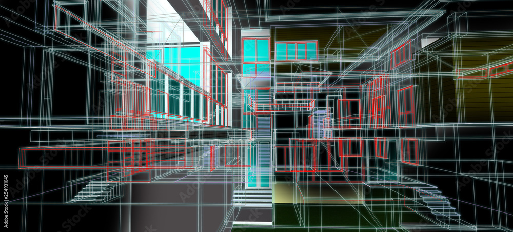 architecture design concept 3d perspective wire frame colorful rendering with some material black background for abstract background or wallpaper destops architecture design concept 3d perspective wire frame colorful rendering with some material black background for abstract background or wallpaper destops