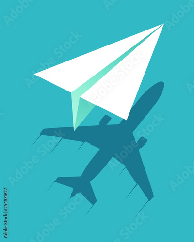 Paper plane flying and casts shadow big airliner. Business concept. Vector illustration