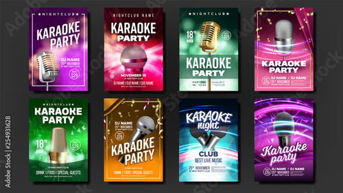 Karaoke Poster Set Vector. Vintage Studio. Musical Record. Broadcast Object. Luxury Emblem. Audio Element. Style. Realistic Illustration