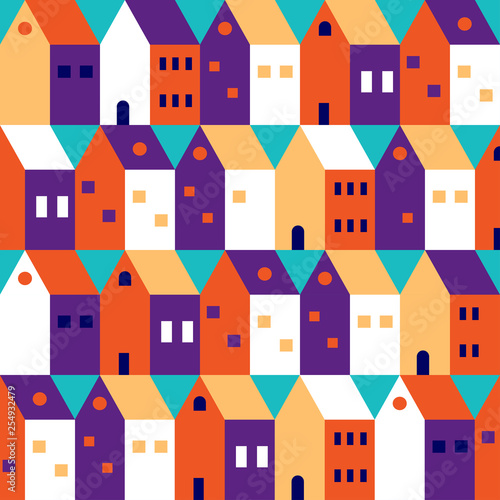 House buildings, home seamless background colorful pattern. Colorful wrapping paper, postcard, banner design template. Vector illustration.