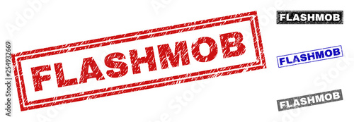 Grunge FLASHMOB rectangle stamp seals isolated on a white background. Rectangular seals with grunge texture in red, blue, black and grey colors.