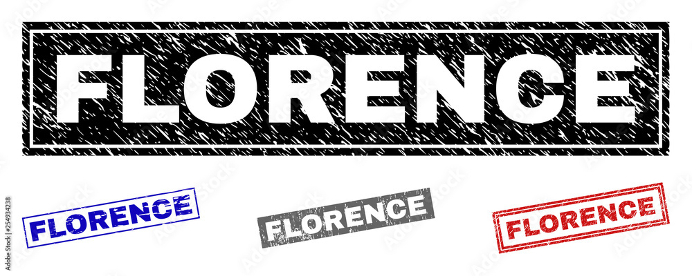 Grunge FLORENCE rectangle stamp seals isolated on a white background. Rectangular seals with distress texture in red, blue, black and grey colors. Grunge FLORENCE rectangle stamp seals isolated on a white background. Rectangular seals with distress texture in red, blue, black and grey colors.