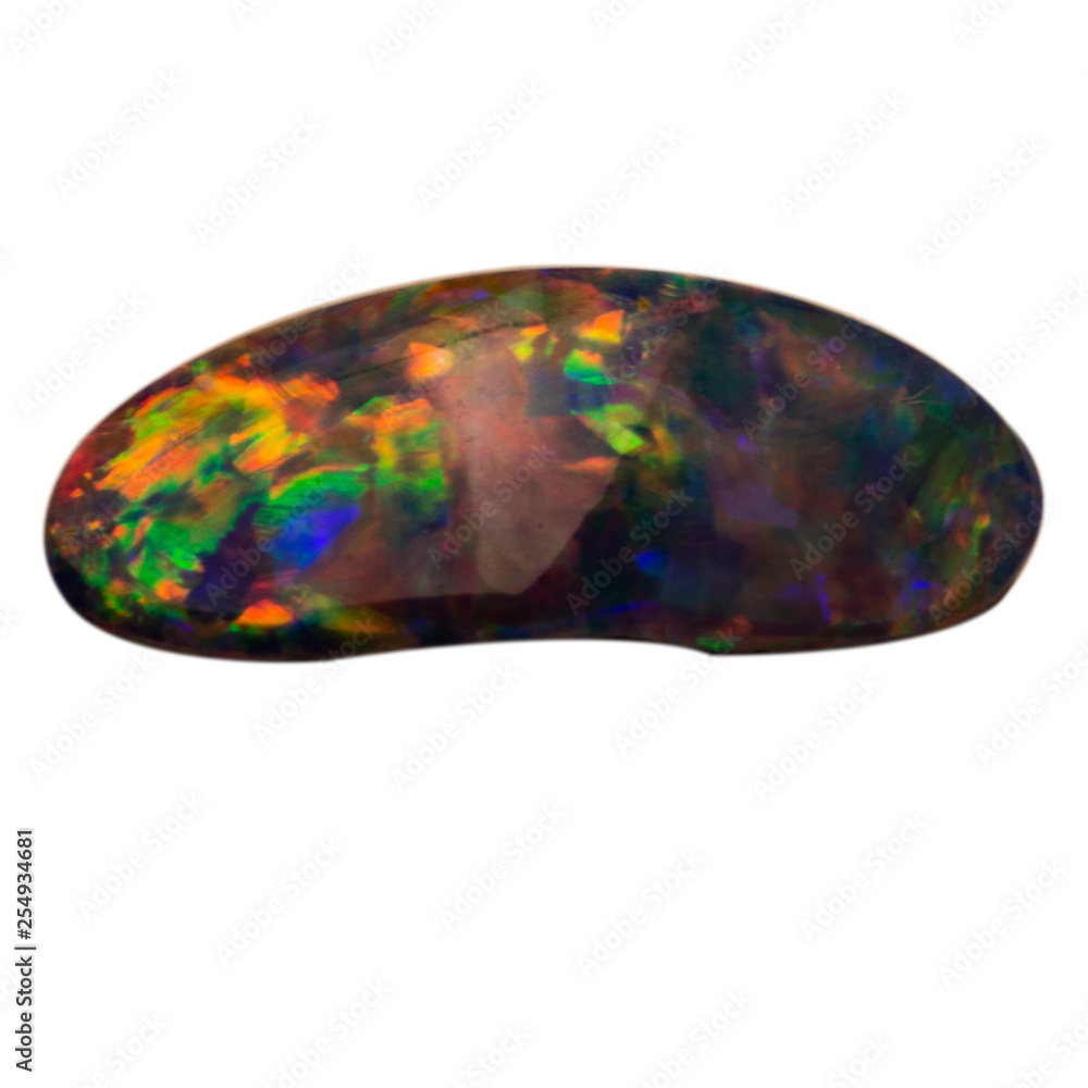 Natural blue shimmering opal macro on white background Natural blue shimmering opal macro on white background