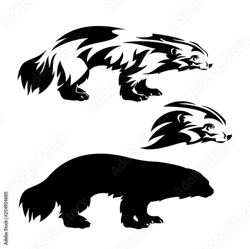 standing wolverine outline and silhouette and profile head black and white vector design