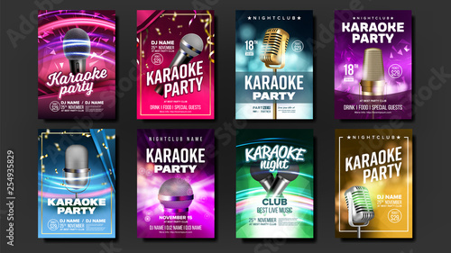 Karaoke Poster Set Vector. Mic Design. Disco Banner. Rock Fun. Vocal Sign. Media Announcement. Star Show. Modern Sound. Creative Layout. Voice Equipment. Sing Song. Dance Event. Realistic Illustration photo