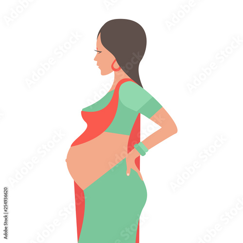 A pregnant woman of Hindu appearance. Pregnant girl, future mom. Vector illustration.