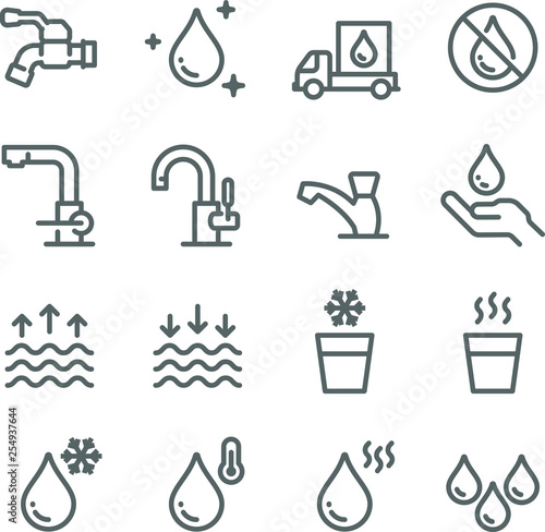 Water Icon Set. Contains such Icons as Tap, Faucet, Hot Water, No Water, Delivery and more. Expanded Stroke