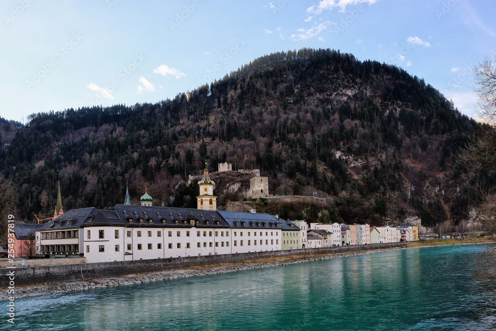 Austrian Alps-view on the river Inn and town Rattenberg
