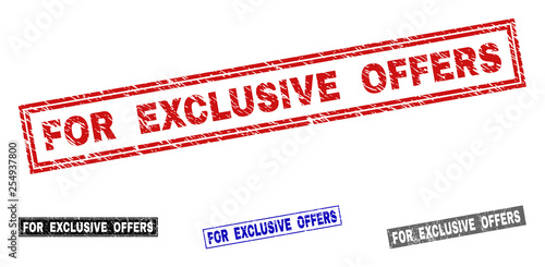 Grunge FOR EXCLUSIVE OFFERS rectangle stamp seals isolated on a white background. Rectangular seals with grunge texture in red, blue, black and grey colors.