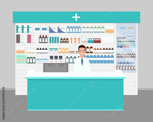 Pharmacist at work. Pharmacist at the counter in the pharmacy. There are a lot of medicines on showcases and shelves. Flat vector illustration. 
