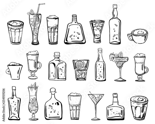 Vector outline hand drawn sketch illustration with different cocktails, coffee drinks and alcohol bottles