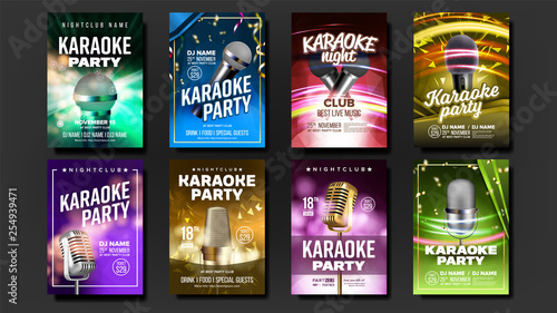Karaoke Poster Set Vector. Party Flyer. Music Night. Radio Microphone. Retro Concert. Club Background. Festival Concept. Live Singer. Abstract Template. Realistic Illustration