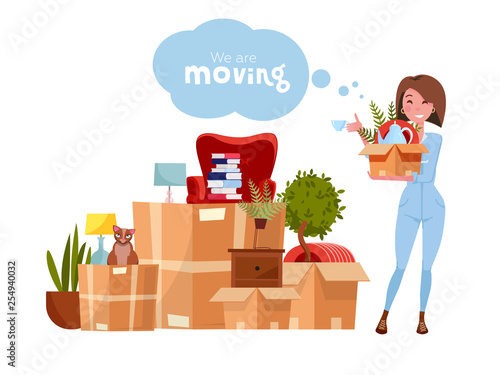 Vector cartoon illustration of loader mover woman in uniform carrying box. Pile of stacked cardboard boxes with stuff. Concept for home moving on white background. Lettering quote We are moving
