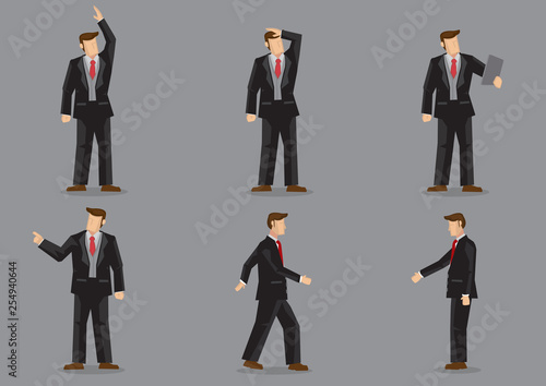 Cartoon Businessman in Black Suit in Different Gestures Vector Cartoon Character Illustration