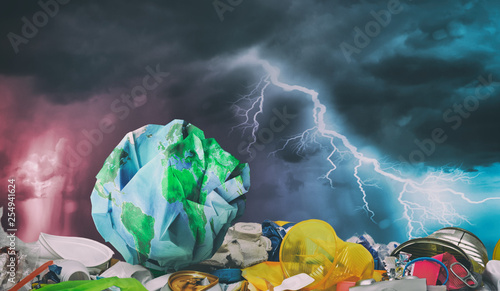 Принти на полотні Earth on plastic trash. Ecology and Recycle concept.