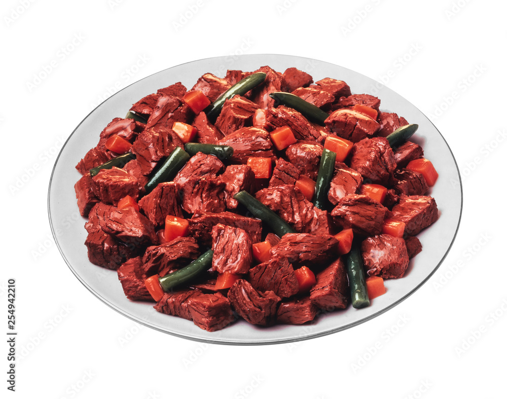 dog food with meat and vegetables in a white plate isolated dog food with meat and vegetables in a white plate isolated