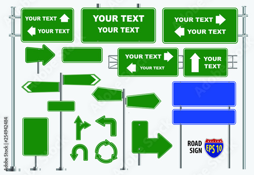 Set of green road signs isolated, for brochure, flyer, cover book and other printing design. easy to modify