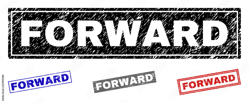 Grunge FORWARD rectangle stamp seals isolated on a white background. Rectangular seals with grunge texture in red, blue, black and gray colors. Grunge FORWARD rectangle stamp seals isolated on a white background. Rectangular seals with grunge texture in red, blue, black and gray colors.