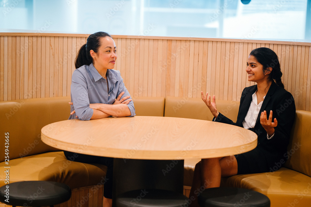 Portrait of a Chinese Asian business woman in a professional suit talking to an Indian Asian woman who is a colleague or client around the desk in the office during the day. Portrait of a Chinese Asian business woman in a professional suit talking to an Indian Asian woman who is a colleague or client around the desk in the office during the day.
