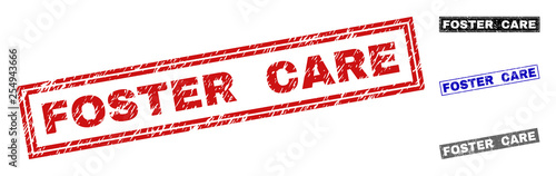 Grunge FOSTER CARE rectangle stamp seals isolated on a white background. Rectangular seals with distress texture in red, blue, black and grey colors.