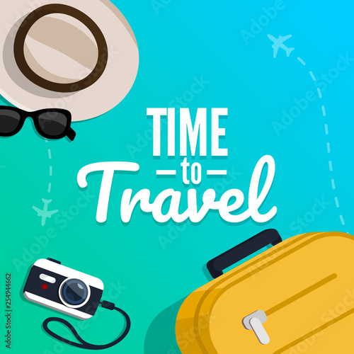 Concept of travelling with the text. Vector illustration in flat style. Suitcase, ticket, hat, sunglasses on a blue background.