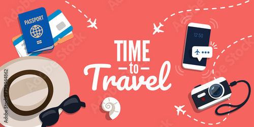 Concept of travelling with the text. Vector illustration in flat style. Suitcase, ticket, hat, sunglasses on a red background.